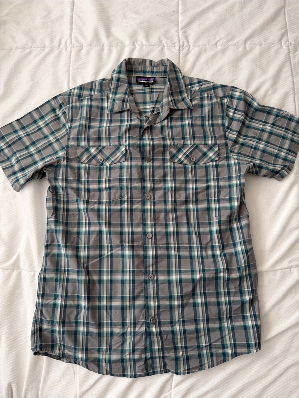 Patagonia Short-Sleeve Plaid Button-Down Shirt in Gray and Teal